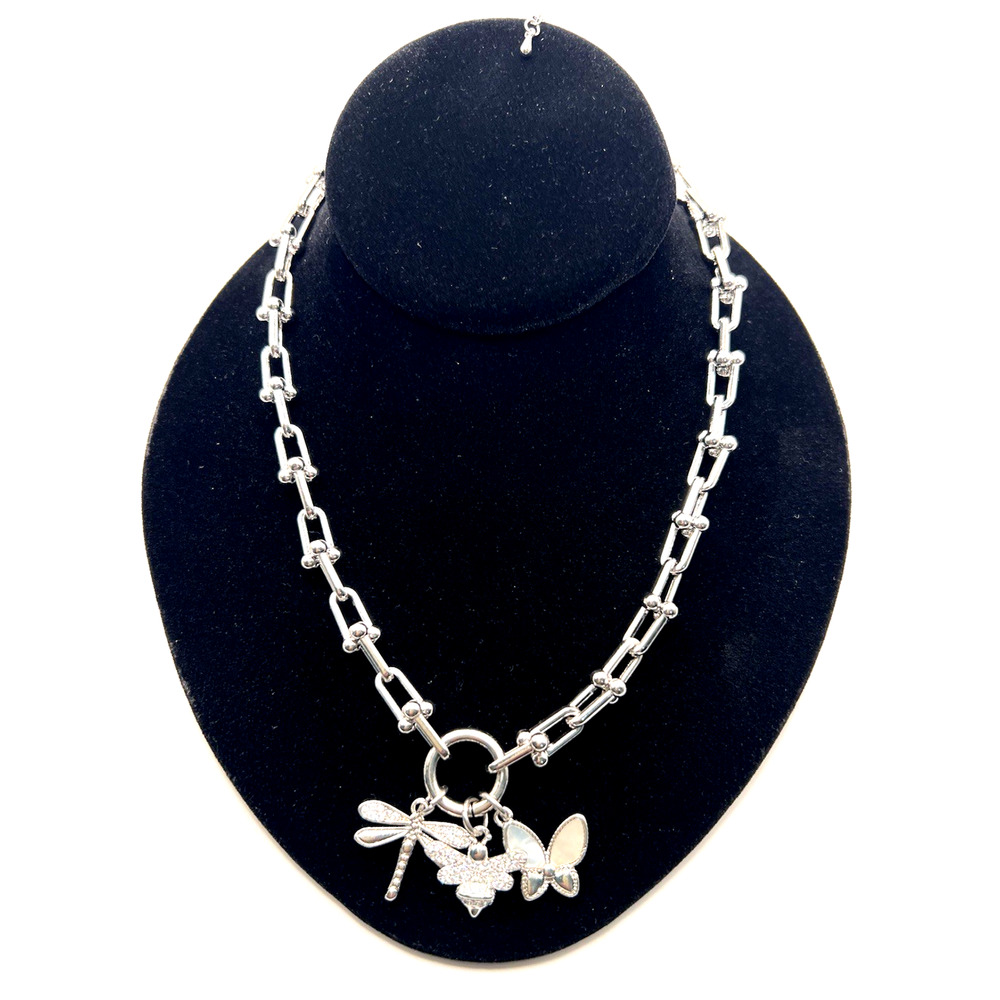 NWT MX Signature Collection CZ Silver Chain Necklace Dragonfly Butterfly Charms